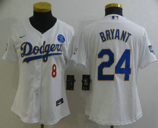 Women's Los Angeles Dodgers Front #8 Back #24 Kobe Bryant With KB Patch White Gold Championship Stitched MLB Cool Base Nike Jersey