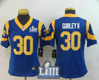 Women's Los Angeles Rams #30 Todd Gurley II Royal Blue 2019 Super Bowl LIII Patch Vapor Untouchable Stitched NFL Nike Limited Jersey