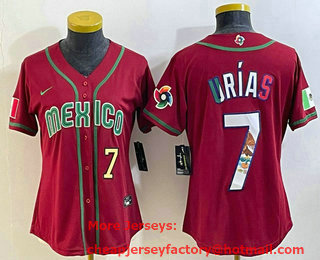 Women's Mexico Baseball #7 Julio Urias Number 2023 Red World Baseball Classic Stitched Jersey 20