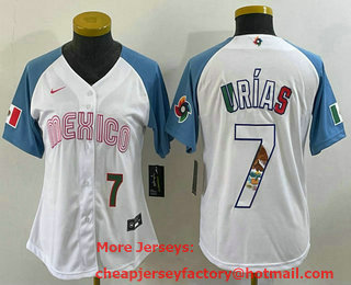 Women's Mexico Baseball #7 Julio Urias Number 2023 White Blue World Classic Stitched Jersey 16