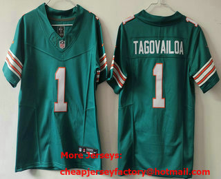 Women's Miami Dolphins #1 Tua Tagovailoa Aqua 2024 FUSE Vapor Limited Throwback Stitched Jersey