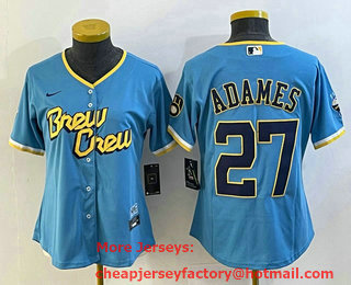 Women's Milwaukee Brewers #27 Willy Adames Blue 2022 City Connect Cool Base Stitched Jersey