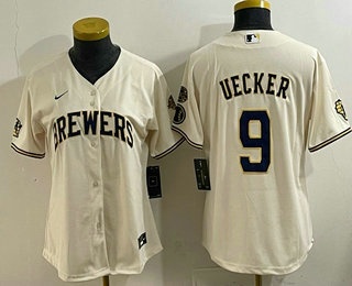 Women's Milwaukee Brewers #9 Bob Uecker Cream With Home Patch Limited Stitched Jersey