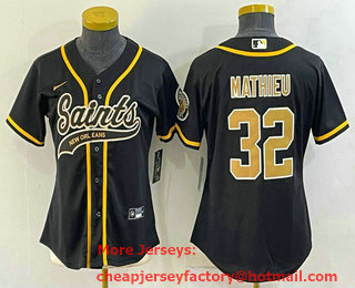 Women's New Orleans Saints #32 Tyrann Mathieu Black With Patch Cool Base Stitched Baseball Jersey