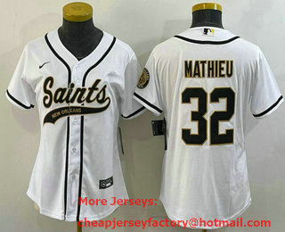 Women's New Orleans Saints #32 Tyrann Mathieu White With Patch Cool Base Stitched Baseball Jersey