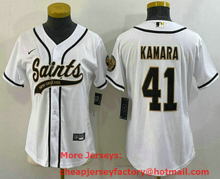 Women's New Orleans Saints #41 Alvin Kamara White With Patch Cool Base Stitched Baseball Jersey