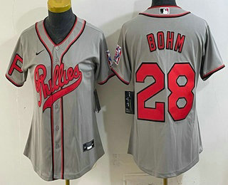 Women's Philadelphia Phillies #28 Alec Bohm Name Gray 2026 Field of Dreams Stadium Stitched Jersey