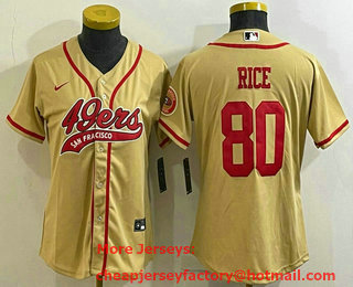 Women's San Francisco 49ers #80 Jerry Rice Gold With Patch Cool Base Stitched Baseball Jersey