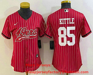 Women's San Francisco 49ers #85 George Kittle Red Pinstripe With Patch Cool Base Stitched Baseball Jersey