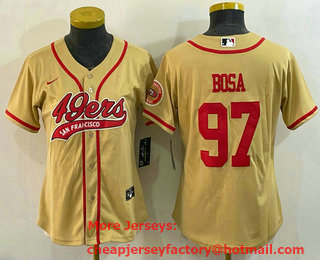 Women's San Francisco 49ers #97 Nick Bosa Gold With Patch Cool Base Stitched Baseball Jersey