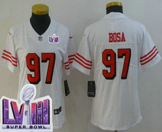 Women's San Francisco 49ers #97 Nick Bosa Limited White Throwback LVIII Super Bowl Vapor Jersey