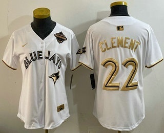 Women's Toronto Blue Jays #22 Ernie Clement White Gold 2025 American League Champions Limited Stitched Jersey