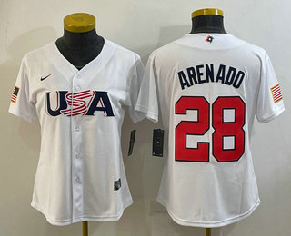 Women's USA Baseball #28 Nolan Arenado 2023 White World Classic Replica Stitched Jersey 02