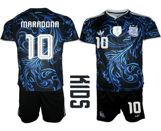 Youth Argentina National Team #10 Diego Maradona Black Away 2026 World Cup Soccer Jersey Suit