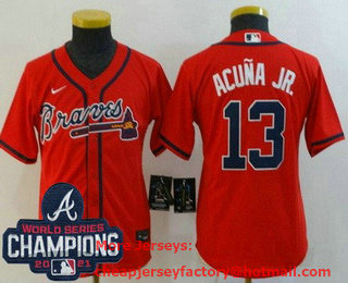 Youth Atlanta Braves #13 Ronald Acuna Jr Red 2021 World Series Champions Stitched Cool Base Nike Jersey