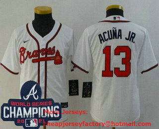 Youth Atlanta Braves #13 Ronald Acuna Jr White 2021 World Series Champions Stitched Cool Base Nike Jersey