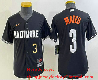 Youth Baltimore Orioles #3 Jorge Mateo Number Black 2023 City Connect Cool Base Stitched Jersey 01