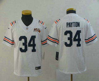 Youth Chicago Bears #34 Walter Payton White 2019 100th seasons Patch Vapor Untouchable Stitched NFL Nike Alternate Classic Limited Jersey