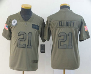 Youth Dallas Cowboys #21 Ezekiel Elliott NEW Olive 2019 Salute To Service Stitched NFL Nike Limited Jersey