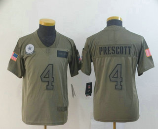 Youth Dallas Cowboys #4 Dak Prescott NEW Olive 2019 Salute To Service Stitched NFL Nike Limited Jersey