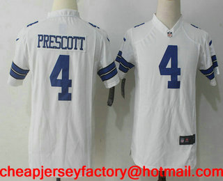 Youth Dallas Cowboys #4 Dak Prescott White Road Stitched NFL Nike Game Jersey