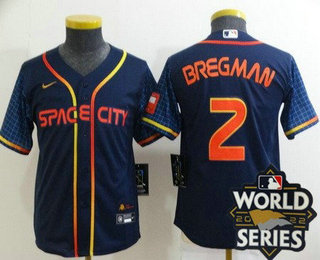 Youth Houston Astros #2 Alex Bregman Navy City 2022 World Series Cool Base Jersey