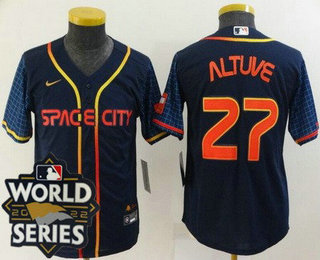 Youth Houston Astros #27 Jose Altuve Navy City 2022 World Series Cool Base Jersey