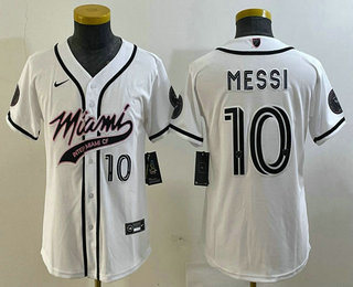 Youth Inter Miami CF #10 Lionel Messi White Cool Base Stitched Baseball Jersey