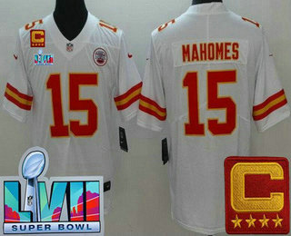 Youth Kansas City Chiefs #15 Patrick Mahomes II Limited White C Patch Super Bowl LVII Vapor Jersey