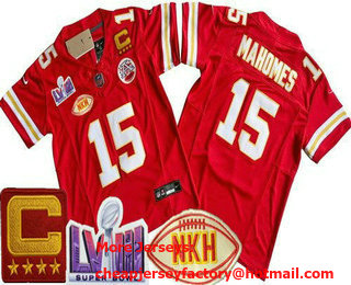 Youth Kansas City Chiefs #15 Patrick Mahomes Limited Red NKH C Patch LVIII Super Bowl FUSE Vapor Jersey