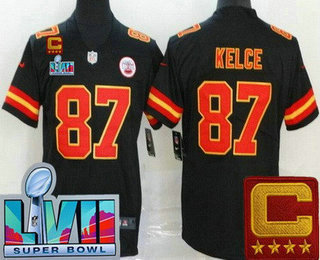 Youth Kansas City Chiefs #87 Travis Kelce Limited Black C Patch Super Bowl LVII Vapor Jersey