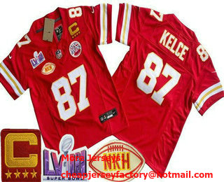 Youth Kansas City Chiefs #87 Travis Kelce Limited Red NKH C Patch LVIII Super Bowl FUSE Vapor Jersey