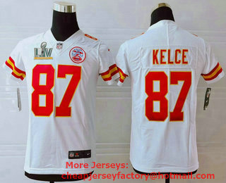 Youth Kansas City Chiefs #87 Travis Kelce White 2021 Super Bowl LV Vapor Untouchable Stitched Nike Limited NFL Jersey