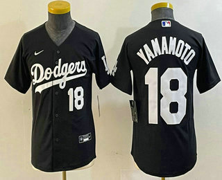 Youth Los Angeles Dodgers #18 Yoshinobu Yamamoto Number Black Turn Back The Clock Stitched Cool Base Jersey 11