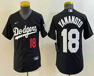 Youth Los Angeles Dodgers #18 Yoshinobu Yamamoto Number Black Turn Back The Clock Stitched Cool Base Jersey 13