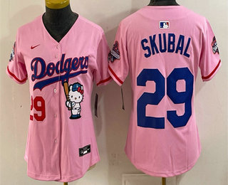 Youth Los Angeles Dodgers #29 Tarik Skubal Pink Hello Kitty Night 2025 World Series Champions Patch Stitched Jersey