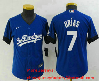 Youth Los Angeles Dodgers #7 Julio Urias Blue 2021 City Connect Cool Base Stitched Jersey