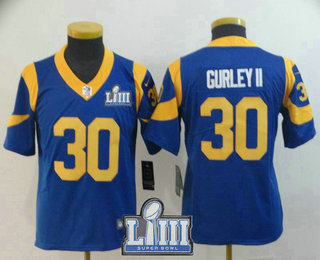Youth Los Angeles Rams #30 Todd Gurley II Royal Blue 2019 Super Bowl LIII Patch Vapor Untouchable Stitched NFL Nike Limited Jersey