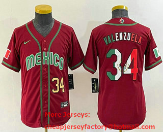 Youth Mexico Baseball #34 Fernando Valenzuela Number 2023 Red World Classic Stitched Jersey 12