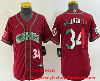 Youth Mexico Baseball #34 Fernando Valenzuela Number 2023 Red World Classic Stitched Jersey 15