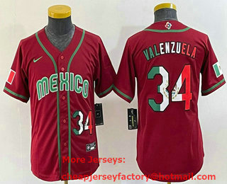 Youth Mexico Baseball #34 Fernando Valenzuela Number 2023 Red World Classic Stitched Jersey 16