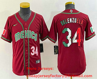 Youth Mexico Baseball #34 Fernando Valenzuela Number 2023 Red World Classic Stitched Jersey 17