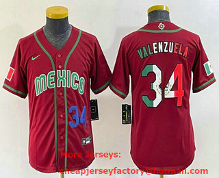 Youth Mexico Baseball #34 Fernando Valenzuela Number 2023 Red World Classic Stitched Jersey 18