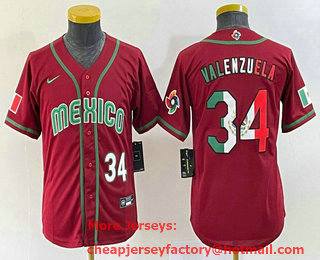 Youth Mexico Baseball #34 Fernando Valenzuela Number 2023 Red World Classic Stitched Jersey 19