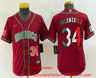 Youth Mexico Baseball #34 Fernando Valenzuela Number 2023 Red World Classic Stitched Jersey 21