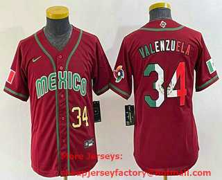 Youth Mexico Baseball #34 Fernando Valenzuela Number 2023 Red World Classic Stitched Jersey 22