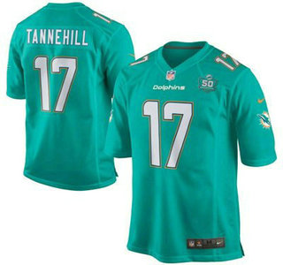 Youth Miami Dolphins #17 Ryan Tannehill Aqua Green Team Color 2015 NFL 50th Patch Nike Game Jersey
