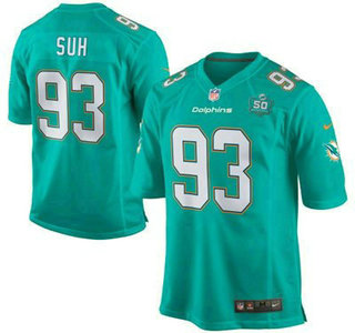 Youth Miami Dolphins #93 Ndamukong Suh Aqua Green Team Color 2015 NFL 50th Patch Nike Game Jersey