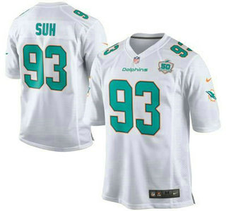 Youth Miami Dolphins #93 Ndamukong Suh White Road 2015 NFL 50th Patch Nike Game Jersey