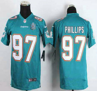 Youth Miami Dolphins #97 Jordan Phillips Aqua Green Team Color 2015 NFL 50th Patch Nike Game Jersey
